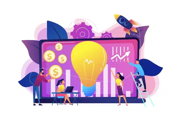 Ilustração de pessoas em torno de uma tela gigante com uma lâmpada amarela acesa, moedas, gráficos de crescimento e foguete, simbolizando ideias inovadoras e planejamento financeiro.