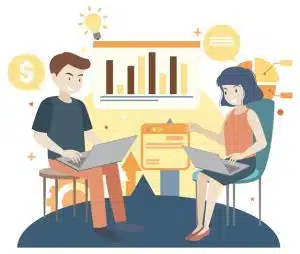 Ilustração de um homem e uma mulher sentados com laptops, ao fundo gráficos e ícones de finanças e tecnologia, representando trabalho colaborativo em análise de dados e gestão financeira.