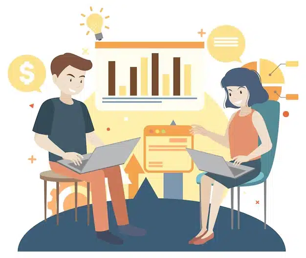 Ilustração de um homem e uma mulher sentados com laptops, ao fundo gráficos e ícones de finanças e tecnologia, representando trabalho colaborativo em análise de dados e gestão financeira.