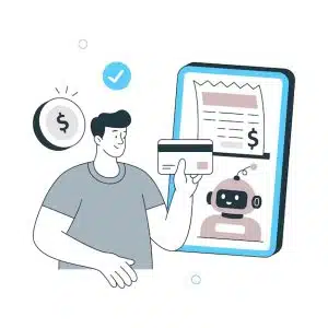 Ilustração de um homem segurando um cartão de crédito em frente a uma tela digital que mostra um robô e um recibo, representando pagamentos automatizados e inteligência artificial em finanças.