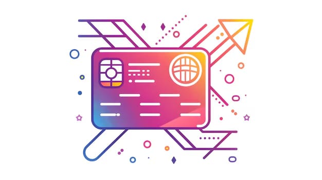 Ilustração colorida de um cartão de crédito estilizado em tons vibrantes de roxo, rosa e laranja, com elementos gráficos geométricos ao redor, simbolizando tecnologia financeira moderna.