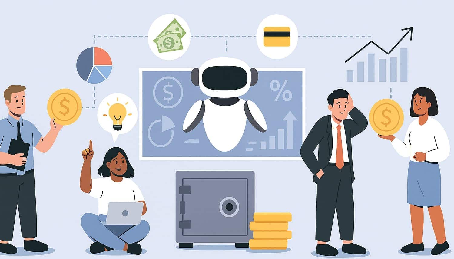 Team of professionals using AI robot for money management and analytics.