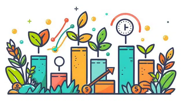 Colorful illustration of financial growth represented by bar graphs turning into plants, with arrows, clocks, and dollar symbols indicating investment progress.