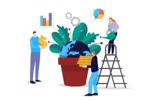 Illustration of people investing in global growth, with a potted plant shaped like the Earth surrounded by charts, coins, and financial symbols.