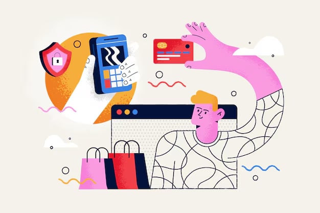 Abstract illustration of online shopping with a person holding a credit card, a payment terminal, shopping bags, and security icons, representing safe digital transactions.