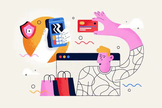 Abstract illustration of online shopping with a person holding a credit card, a payment terminal, shopping bags, and security icons, representing safe digital transactions.