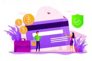 Illustration of two people standing beside a giant credit card with floating dollar coins and a green security shield, symbolizing financial growth and secure payments.