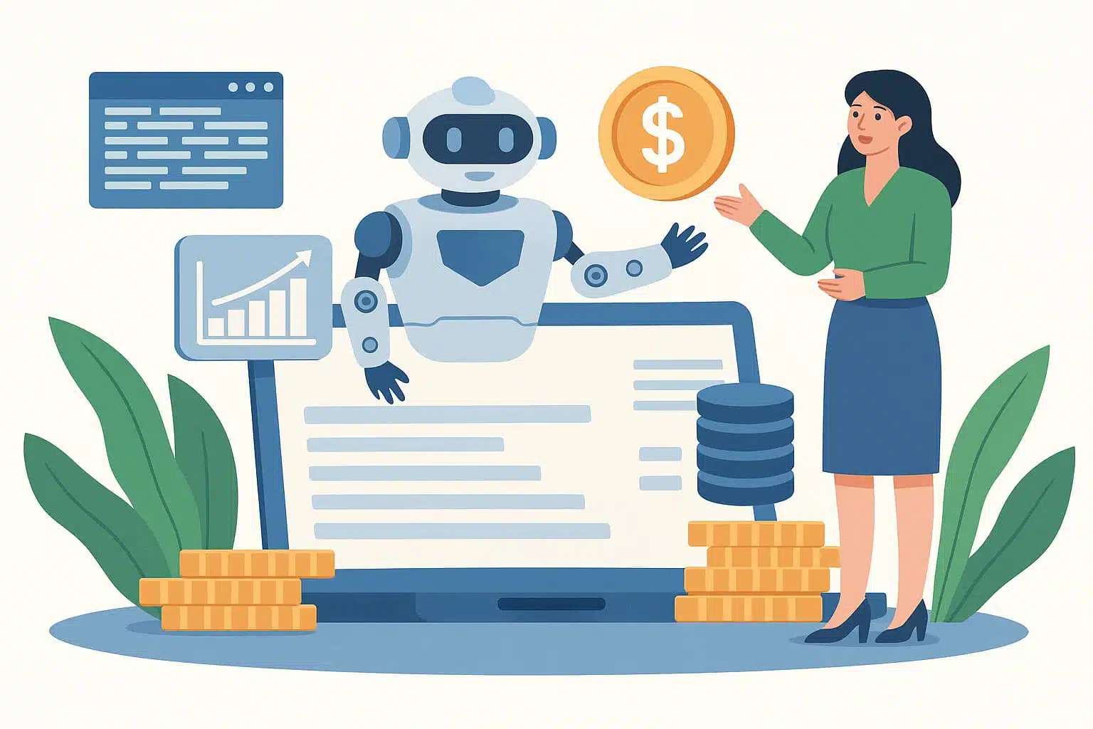Robot assisting a businesswoman with financial data and coins, symbolizing AI in finance.