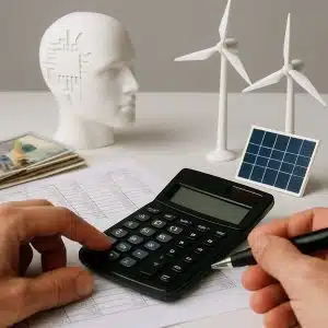 “A pair of hands works with a calculator over financial documents on a desk. In the background, there is a white sculpture of a human head with a circuit-like design symbolizing artificial intelligence, along with two small white wind turbines and a miniature solar panel. The scene is minimalist, well-lit, and evokes themes of technology, clean energy, and financial analysis.