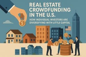 Illustrated banner about real estate crowdfunding in the United States. At the top center, large white text reads ‘Real estate crowdfunding in the U.S.’ with a smaller subtitle below saying ‘How individual investors are diversifying with little capital.’ On the left, a large hand in a business suit drops a gold coin with a dollar sign, symbolizing small-scale investment. Along the bottom, there are stylized houses and mid-rise buildings in warm tones, representing different property types. On the right, three illustrated people contribute oversized coins into a large barrel-like container, showing pooled investing; near them is a small U.S. flag on a pole. In the background, a tall city skyscraper rises against a muted blue sky, suggesting an American urban market. The overall style is clean, modern, and financial-educational.
