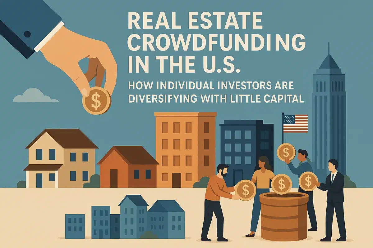 Illustrated banner about real estate crowdfunding in the United States. At the top center, large white text reads ‘Real estate crowdfunding in the U.S.’ with a smaller subtitle below saying ‘How individual investors are diversifying with little capital.’ On the left, a large hand in a business suit drops a gold coin with a dollar sign, symbolizing small-scale investment. Along the bottom, there are stylized houses and mid-rise buildings in warm tones, representing different property types. On the right, three illustrated people contribute oversized coins into a large barrel-like container, showing pooled investing; near them is a small U.S. flag on a pole. In the background, a tall city skyscraper rises against a muted blue sky, suggesting an American urban market. The overall style is clean, modern, and financial-educational.