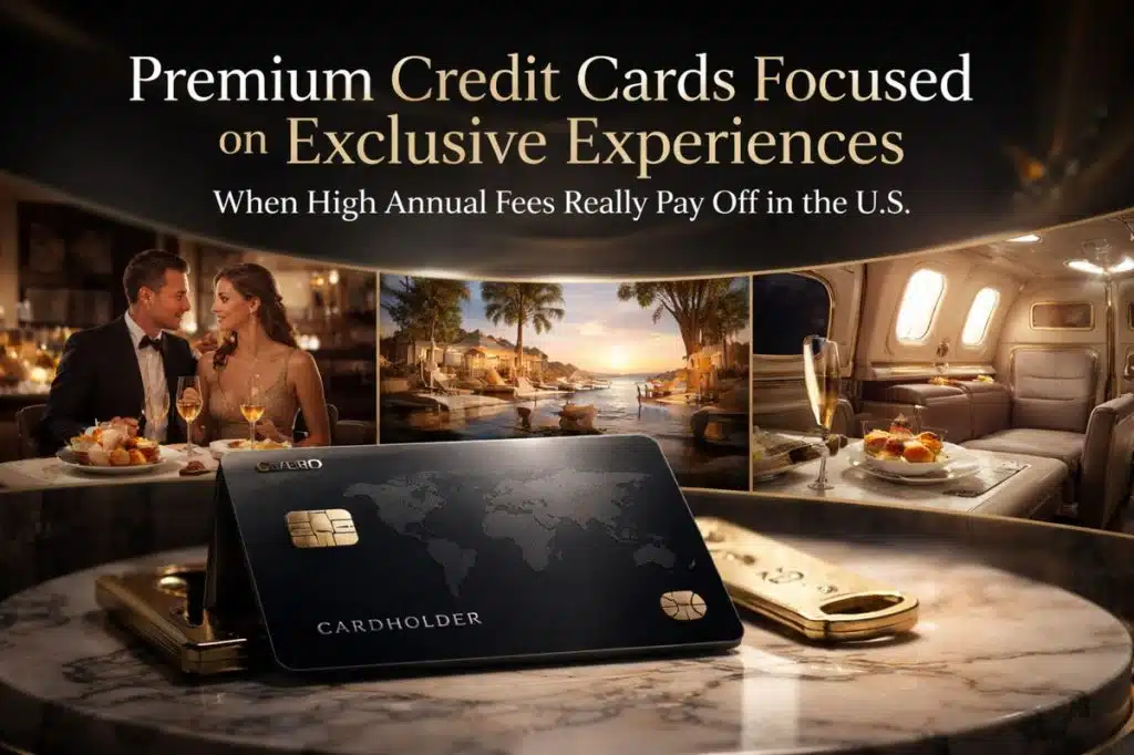 A premium black credit card displayed on a marble table, symbolizing exclusive financial services. In the background, a well-dressed man and woman portraying luxury cardholders enjoy a fine dining experience, alongside visuals of a private tropical resort and a private jet cabin with gourmet food and champagne, representing high-end travel, dining, and lifestyle experiences associated with premium credit cards.