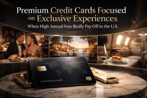 A premium black credit card displayed on a marble table, symbolizing exclusive financial services. In the background, a well-dressed man and woman portraying luxury cardholders enjoy a fine dining experience, alongside visuals of a private tropical resort and a private jet cabin with gourmet food and champagne, representing high-end travel, dining, and lifestyle experiences associated with premium credit cards.