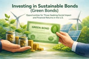 Illustration representing sustainable finance, showing two hands exchanging a green bond certificate. In the foreground, jars filled with gold coins and growing plants symbolize long-term investment and environmental growth. In the background, solar panels and wind turbines illustrate renewable energy projects, reinforcing the concept of green bonds delivering both financial returns and positive environmental impact.