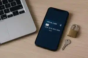 A minimalist photograph shows part of a silver laptop on the left, while a smartphone rests on a light wooden surface displaying a virtual credit card on its screen. Next to the phone, a small gold padlock and a metal key symbolize digital security and the protection of data in online purchases.