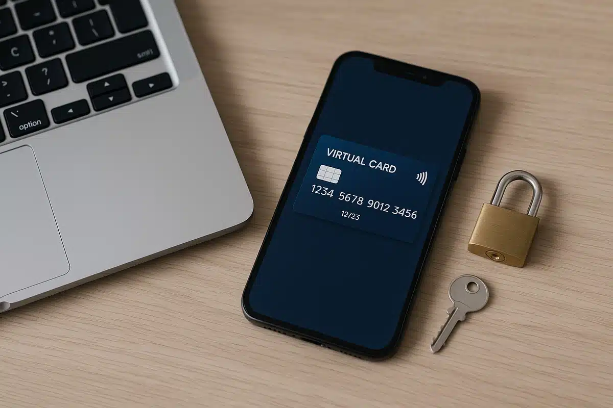 A minimalist photograph shows part of a silver laptop on the left, while a smartphone rests on a light wooden surface displaying a virtual credit card on its screen. Next to the phone, a small gold padlock and a metal key symbolize digital security and the protection of data in online purchases.