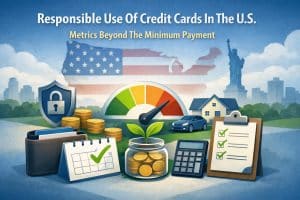 Illustrated banner about responsible credit card use in the U.S., featuring the title ‘Responsible Use Of Credit Cards In The U.S.’ and subtitle ‘Metrics Beyond The Minimum Payment.’ Background shows the U.S. flag over a map silhouette, the Statue of Liberty, and a city skyline. Foreground includes a wallet, a shield with a lock icon, stacks of coins, a calendar with a checkmark, a credit score gauge from green to red with a sprouting plant in front, a jar of coins, a calculator, a small house and car, and a checklist clipboard with checkmarks—symbolizing budgeting, security, and financial health.