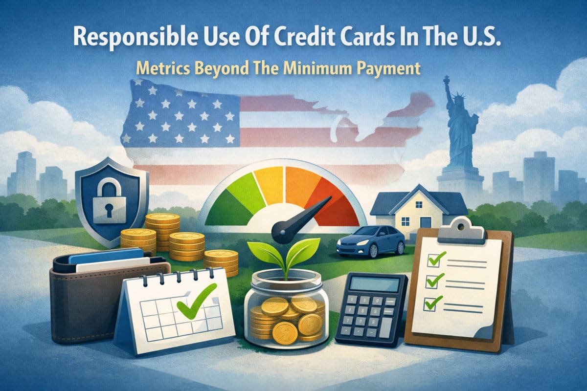 Illustrated banner about responsible credit card use in the U.S., featuring the title ‘Responsible Use Of Credit Cards In The U.S.’ and subtitle ‘Metrics Beyond The Minimum Payment.’ Background shows the U.S. flag over a map silhouette, the Statue of Liberty, and a city skyline. Foreground includes a wallet, a shield with a lock icon, stacks of coins, a calendar with a checkmark, a credit score gauge from green to red with a sprouting plant in front, a jar of coins, a calculator, a small house and car, and a checklist clipboard with checkmarks—symbolizing budgeting, security, and financial health.