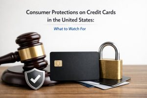 Conceptual image illustrating consumer protections on credit cards in the United States. A black credit card is placed on a wooden surface alongside a judge’s gavel, a security shield with a checkmark, and a padlock, symbolizing legal safeguards, fraud protection, and consumer rights. Stacked credit cards in the background reinforce the theme of financial security, regulation, and responsible credit card use.