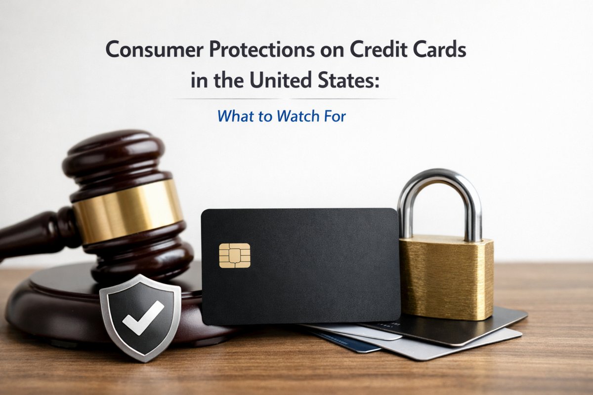 Conceptual image illustrating consumer protections on credit cards in the United States. A black credit card is placed on a wooden surface alongside a judge’s gavel, a security shield with a checkmark, and a padlock, symbolizing legal safeguards, fraud protection, and consumer rights. Stacked credit cards in the background reinforce the theme of financial security, regulation, and responsible credit card use.