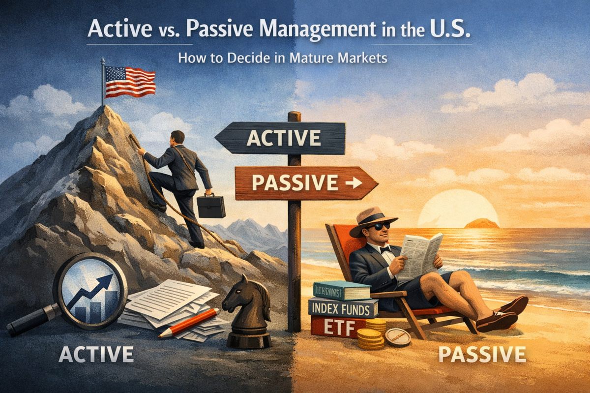 Conceptual illustration comparing active versus passive investment management in the United States. On the left side, representing active management, a businessman in a suit climbs a steep mountain toward a U.S. flag, holding a briefcase, surrounded by financial documents, a magnifying glass with an upward chart, a chess knight, and analytical tools, symbolizing research, effort, and decision-making. On the right side, representing passive management, a relaxed man in a suit and hat sits on a beach chair by the ocean, reading a newspaper next to stacked books labeled “Index Funds” and “ETF,” along with coins and a compass, symbolizing simplicity, long-term investing, and market tracking. At the center, a signpost points to “Active” and “Passive,” reinforcing the contrast between the two strategies. The headline reads: “Active vs. Passive Management in the U.S. — How to Decide in Mature Markets.”