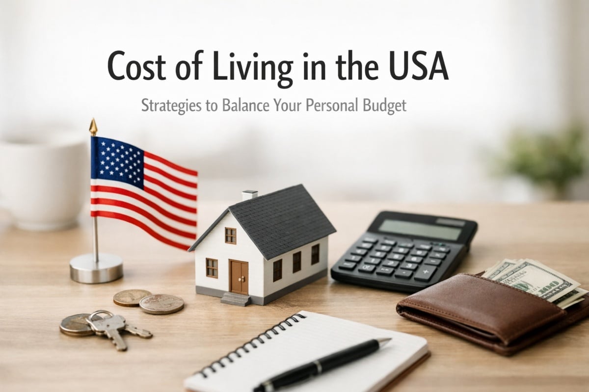 Cost of living in the USA concept with American flag, house model, calculator, cash, wallet and keys representing personal finance, budgeting and household expenses