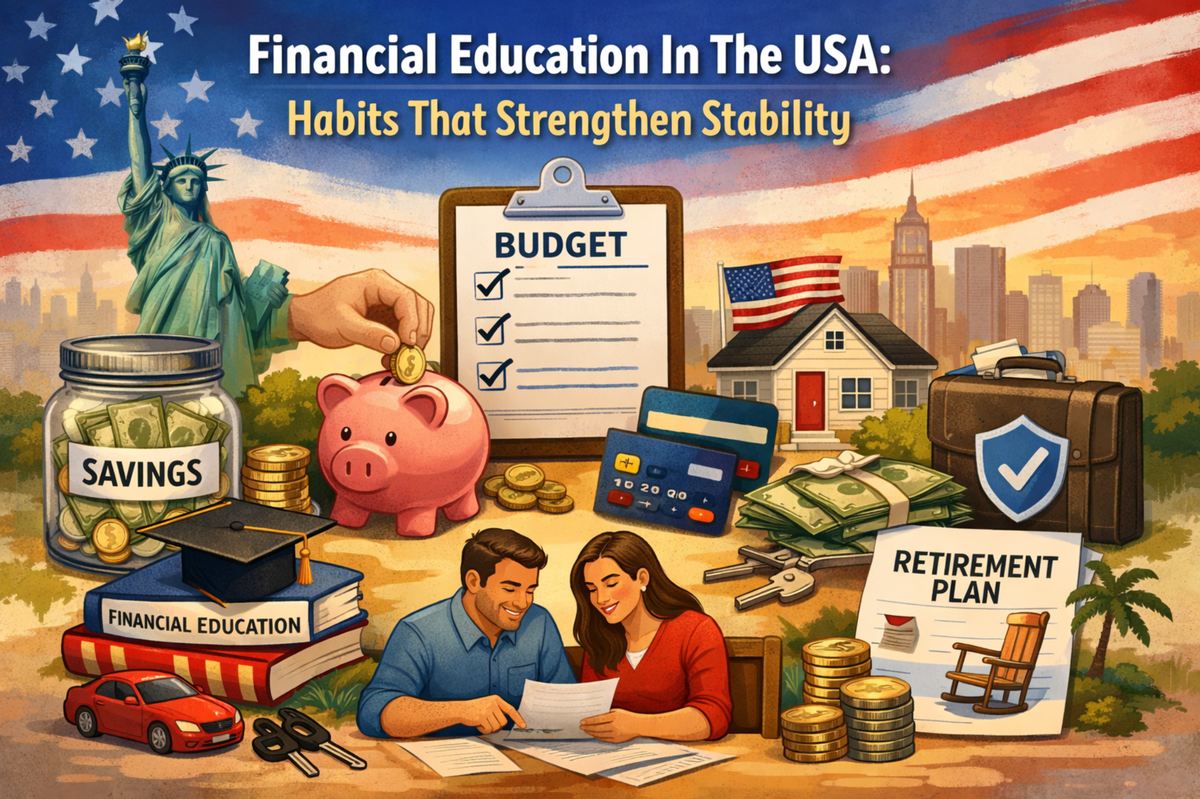 financial education in the USA concept showing budgeting, savings, retirement plan, couple managing money, piggy bank and investment planning for financial stability