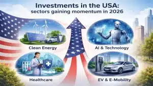 Investments in the USA with sectors gaining momentum in 2026 including clean energy, AI and technology, healthcare, and electric mobility, illustrated with American flag and growth arrow