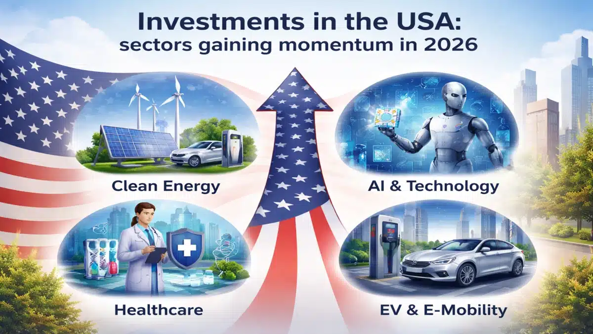 Investments in the USA with sectors gaining momentum in 2026 including clean energy, AI and technology, healthcare, and electric mobility, illustrated with American flag and growth arrow