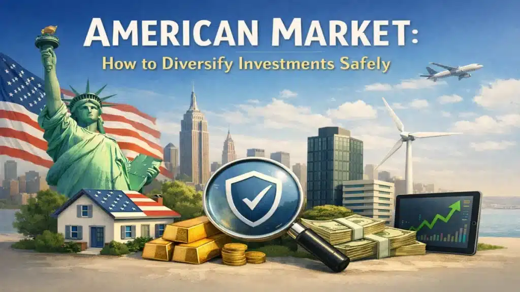 American market concept with Statue of Liberty, city skyline, gold bars, cash, house and financial chart, representing safe investment diversification strategies in the USA