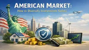 American market concept with Statue of Liberty, city skyline, gold bars, cash, house and financial chart, representing safe investment diversification strategies in the USA