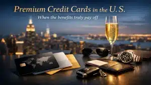 Premium credit cards displayed on a luxury desk with champagne glass, wristwatch, wallet, and car keys overlooking New York City skyline at night, illustrating high-end financial lifestyle and exclusive credit card benefits in the U.S.