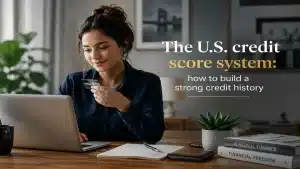 Professional editorial-style image of a woman using a credit card while working on a laptop in a modern home office, representing the U.S. credit score system and strategies for building a strong credit history through responsible financial management and personal finance planning.
