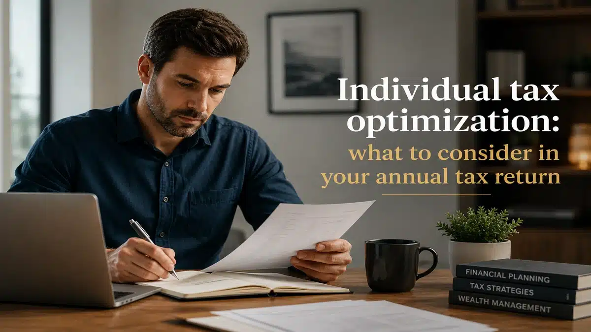 Professional editorial-style image of a man reviewing financial documents and planning his annual tax return in a modern home office, representing individual tax optimization, financial organization, tax planning strategies, and personal wealth management in the United States.