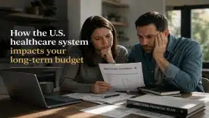 Professional editorial-style image of a couple reviewing healthcare expenses and financial documents at home, illustrating how the U.S. healthcare system impacts long-term budgeting, medical costs, financial planning, and household financial security.
