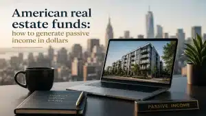 Professional editorial-style image representing American real estate funds and passive income generation in dollars, featuring a modern office desk with a laptop displaying luxury residential properties, a city skyline background, and investment planning elements symbolizing long-term wealth building and real estate investing.