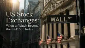 Wall Street street sign in New York financial district with modern editorial typography about US stock exchanges beyond the S&P 500 index, cinematic lighting and premium financial market atmosphere.