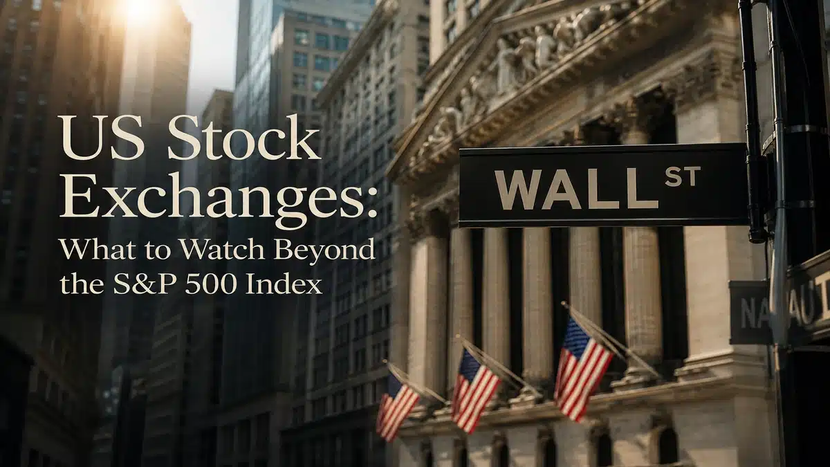 Wall Street street sign in New York financial district with modern editorial typography about US stock exchanges beyond the S&P 500 index, cinematic lighting and premium financial market atmosphere.
