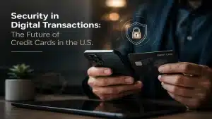 Person using smartphone and premium credit card during a secure digital payment transaction with cybersecurity shield interface and modern fintech atmosphere in the United States.