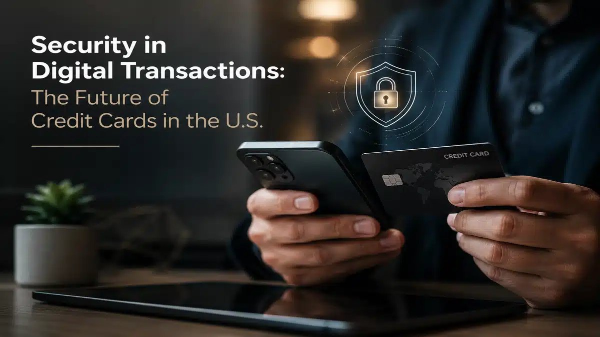 Person using smartphone and premium credit card during a secure digital payment transaction with cybersecurity shield interface and modern fintech atmosphere in the United States.