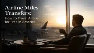 Traveler relaxing in a premium airport lounge while exploring airline miles transfers for affordable travel across America, with cinematic sunset lighting and modern travel atmosphere.