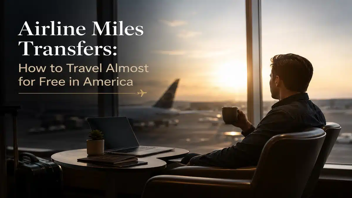 Traveler relaxing in a premium airport lounge while exploring airline miles transfers for affordable travel across America, with cinematic sunset lighting and modern travel atmosphere.