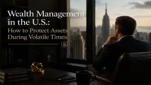 Business executive analyzing wealth management strategies in a luxury office overlooking the New York skyline during volatile financial market conditions in the United States.