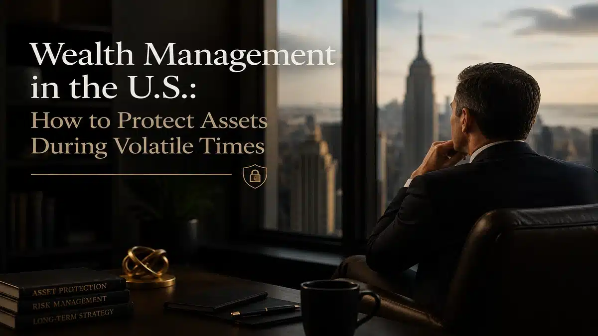 Business executive analyzing wealth management strategies in a luxury office overlooking the New York skyline during volatile financial market conditions in the United States.