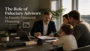 Family meeting with a fiduciary financial advisor discussing long-term financial planning in a modern office with warm cinematic lighting and professional wealth management atmosphere.